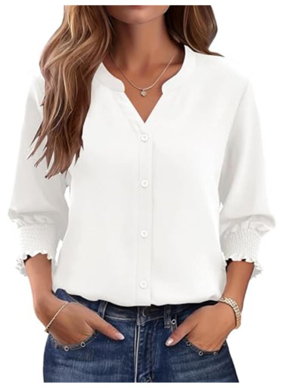 Womens White Button Down Blouse V Neck 3/4 Sleeve Business Casual Work Top Shirt